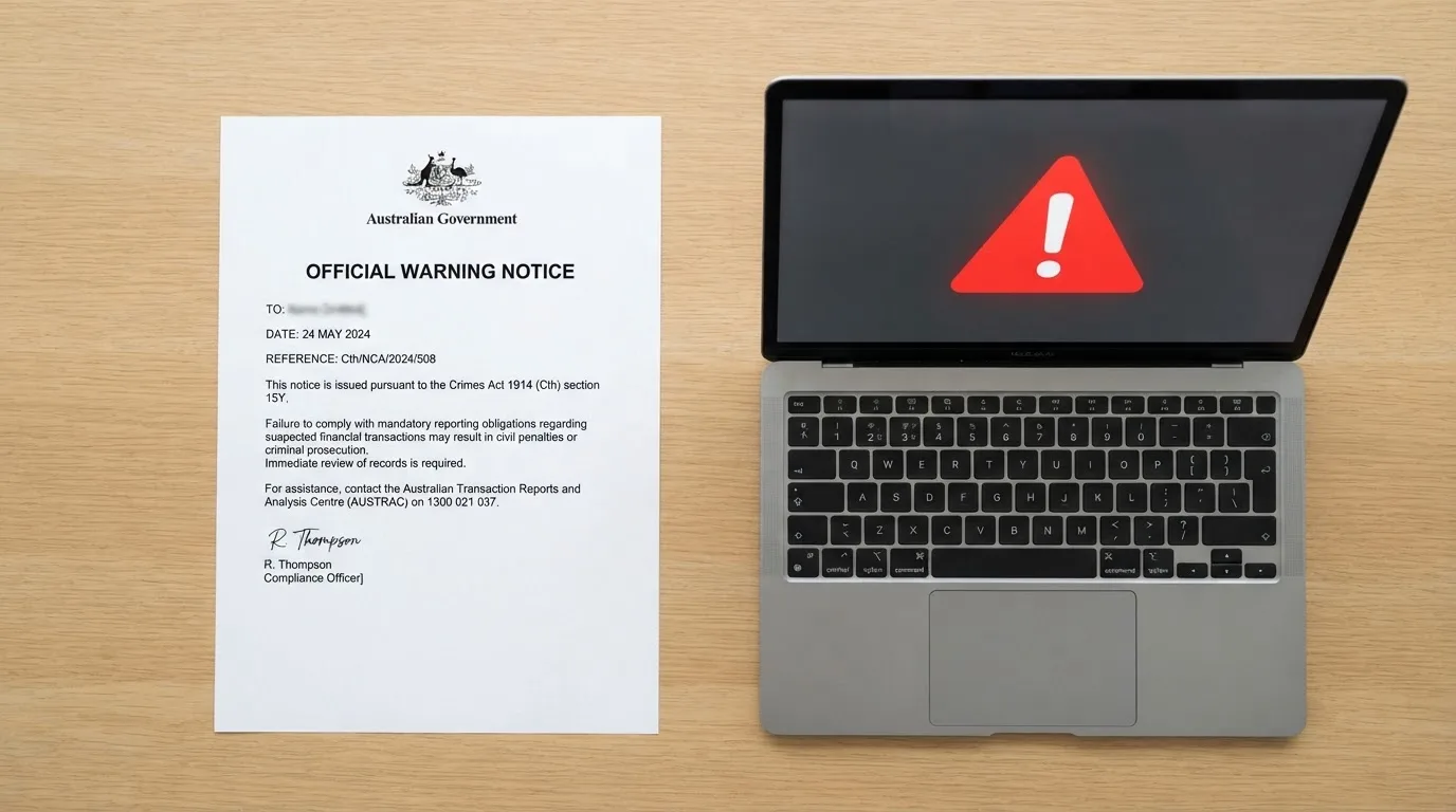 A printed government warning notice on a desk beside a laptop with a red alert icon on the screen.
