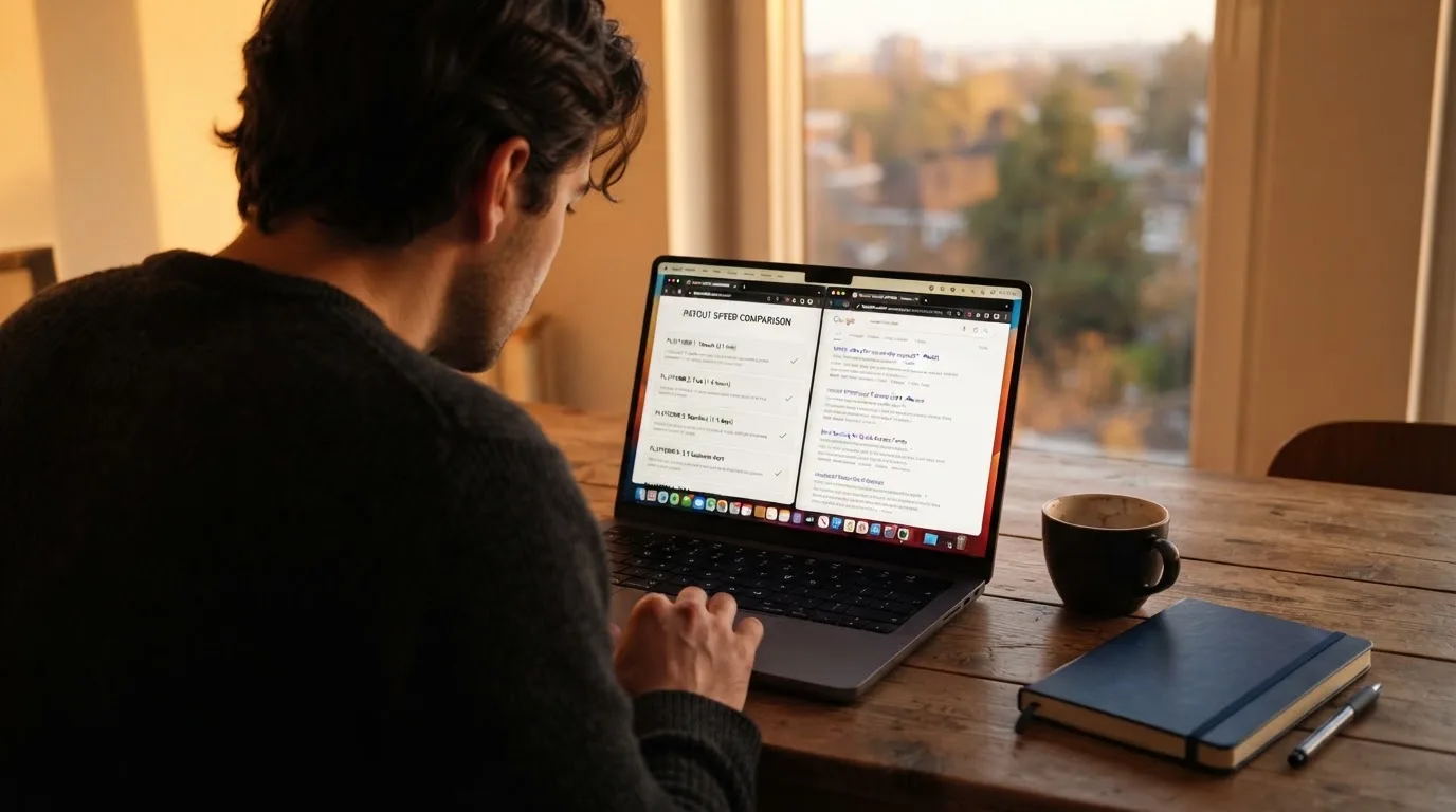 A laptop screen split between two browser tabs, one showing a comparison table and the other a search results page.