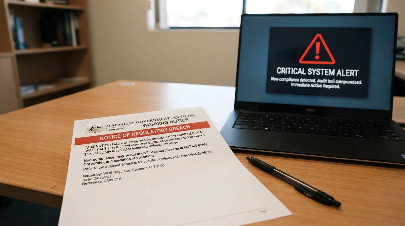 A printed government warning notice on a desk beside a laptop with a red alert icon on the screen.