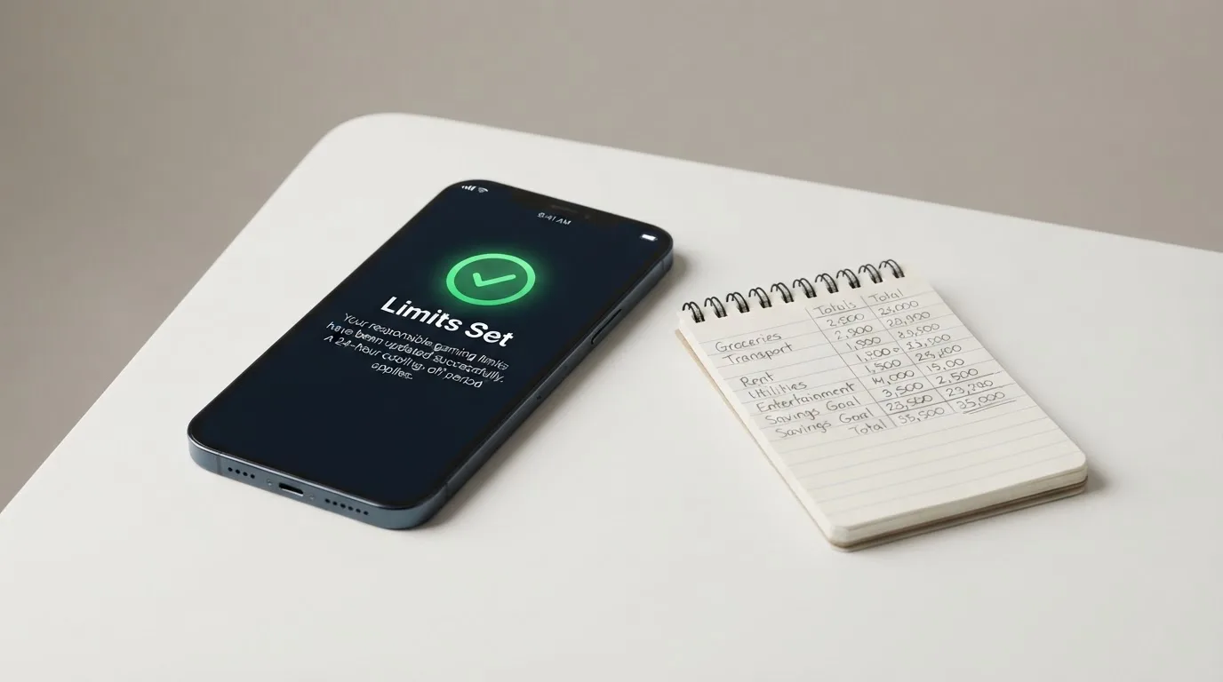 A phone showing a self-exclusion settings screen next to a notepad with a weekly budget written on it.
