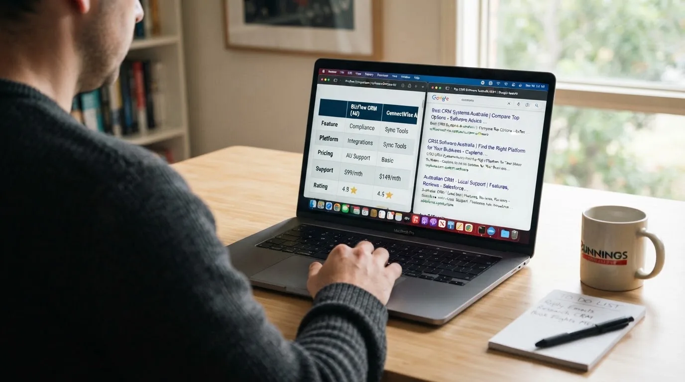 A laptop screen split between two browser tabs, one showing a comparison table and the other a search results page.