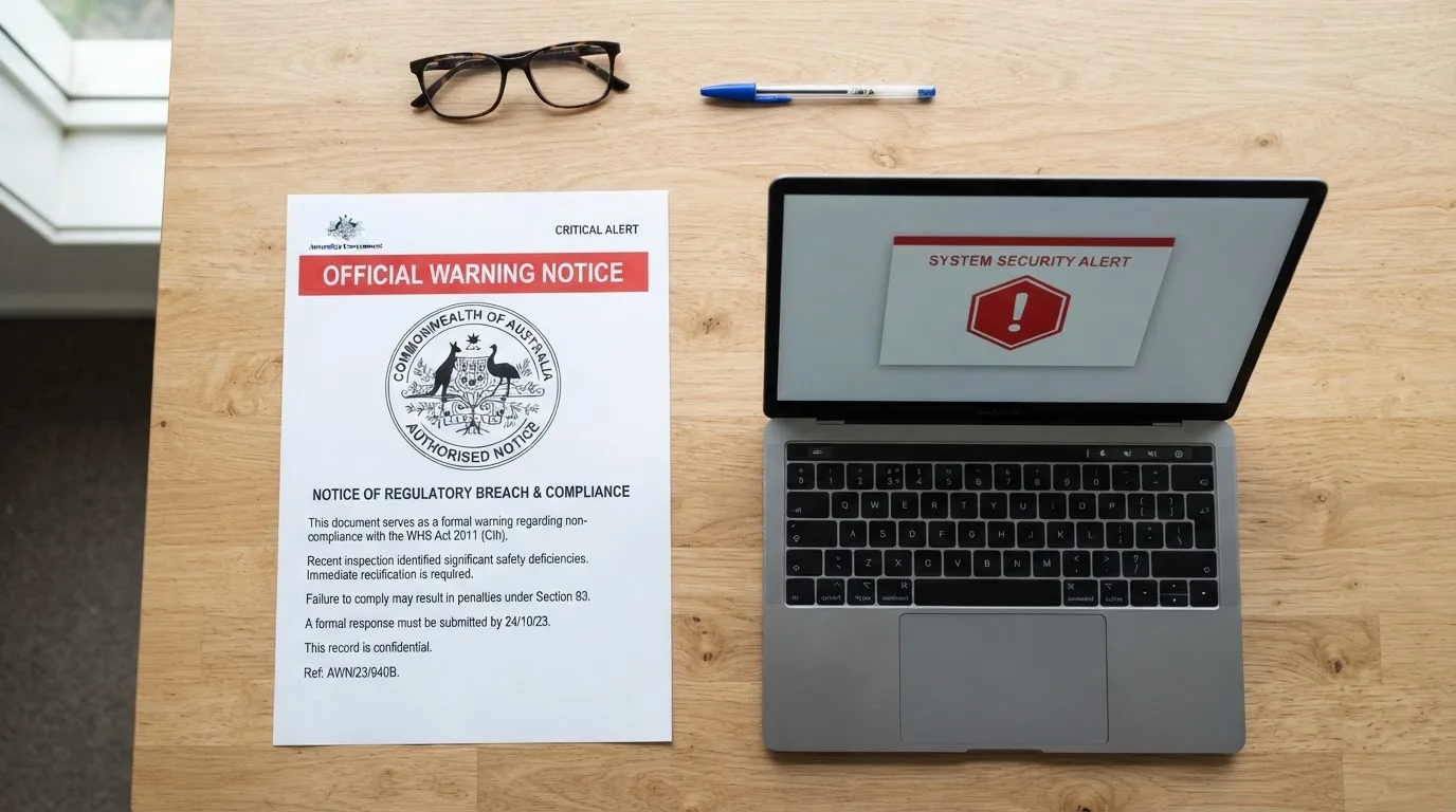 A printed government warning notice on a desk beside a laptop with a red alert icon on the screen.