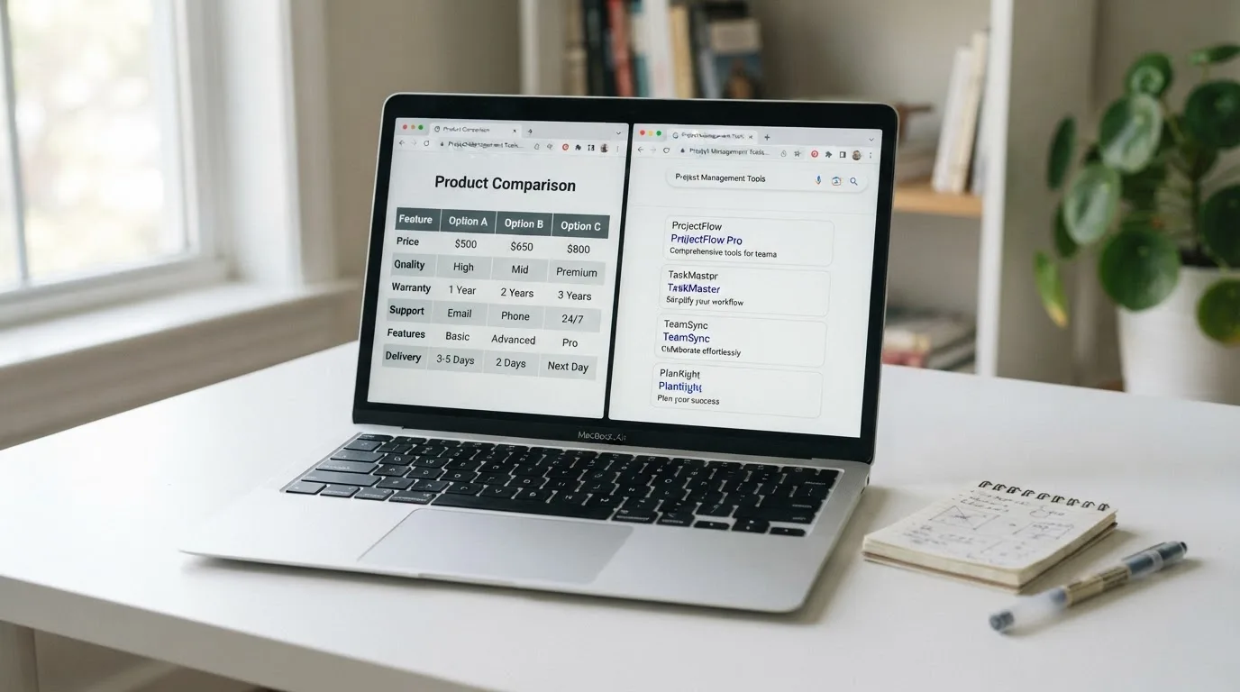 A laptop screen split between two browser tabs, one showing a comparison table and the other a search results page.