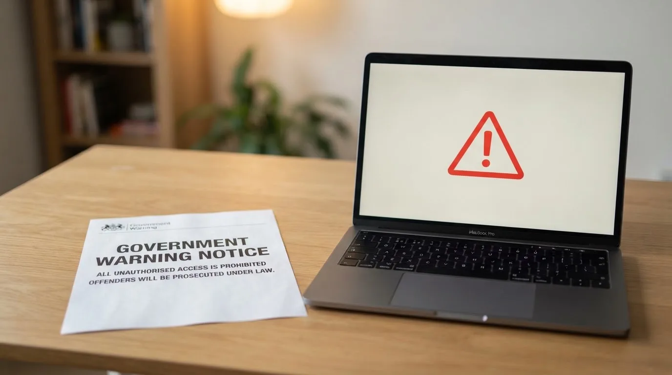 A printed government warning notice on a desk beside a laptop with a red alert icon on the screen.