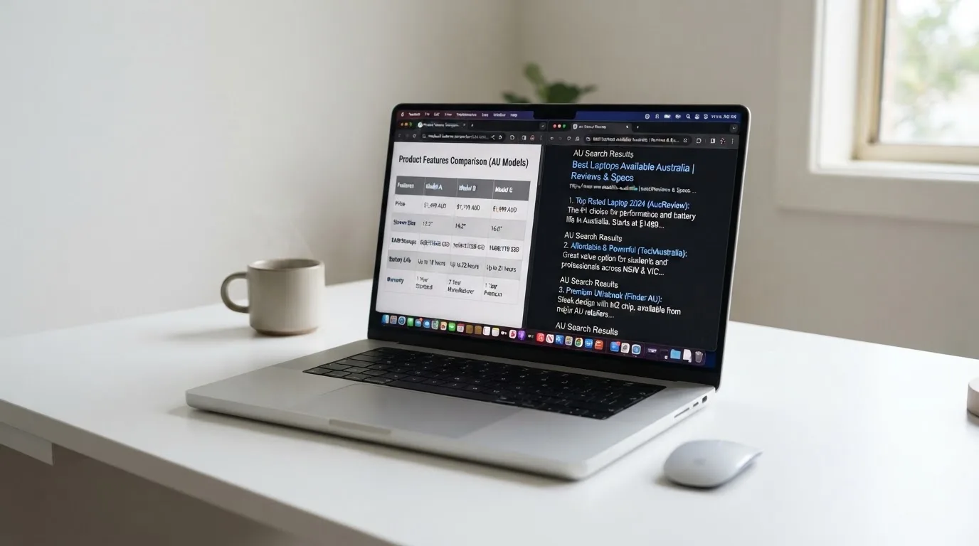 A laptop screen split between two browser tabs, one showing a comparison table and the other a search results page.