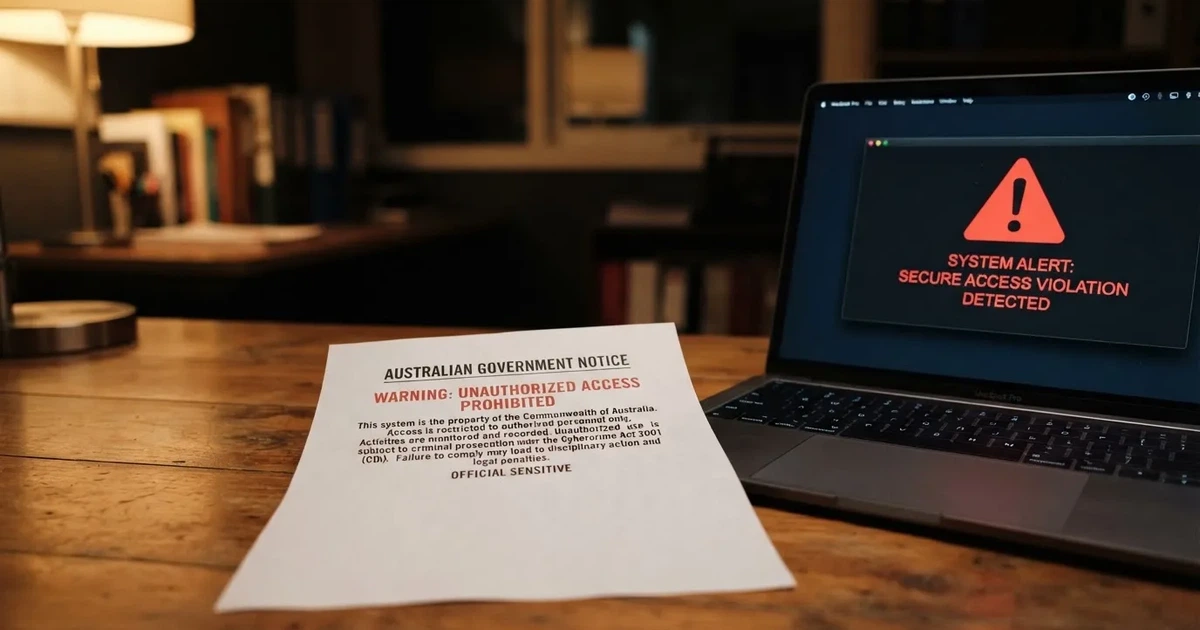 A printed government warning notice on a desk beside a laptop with a red alert icon on the screen.