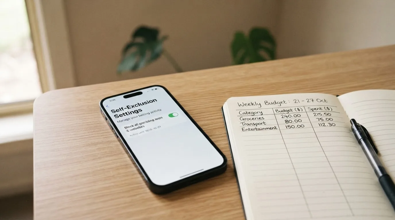 A phone showing a self-exclusion settings screen next to a notepad with a weekly budget written on it.