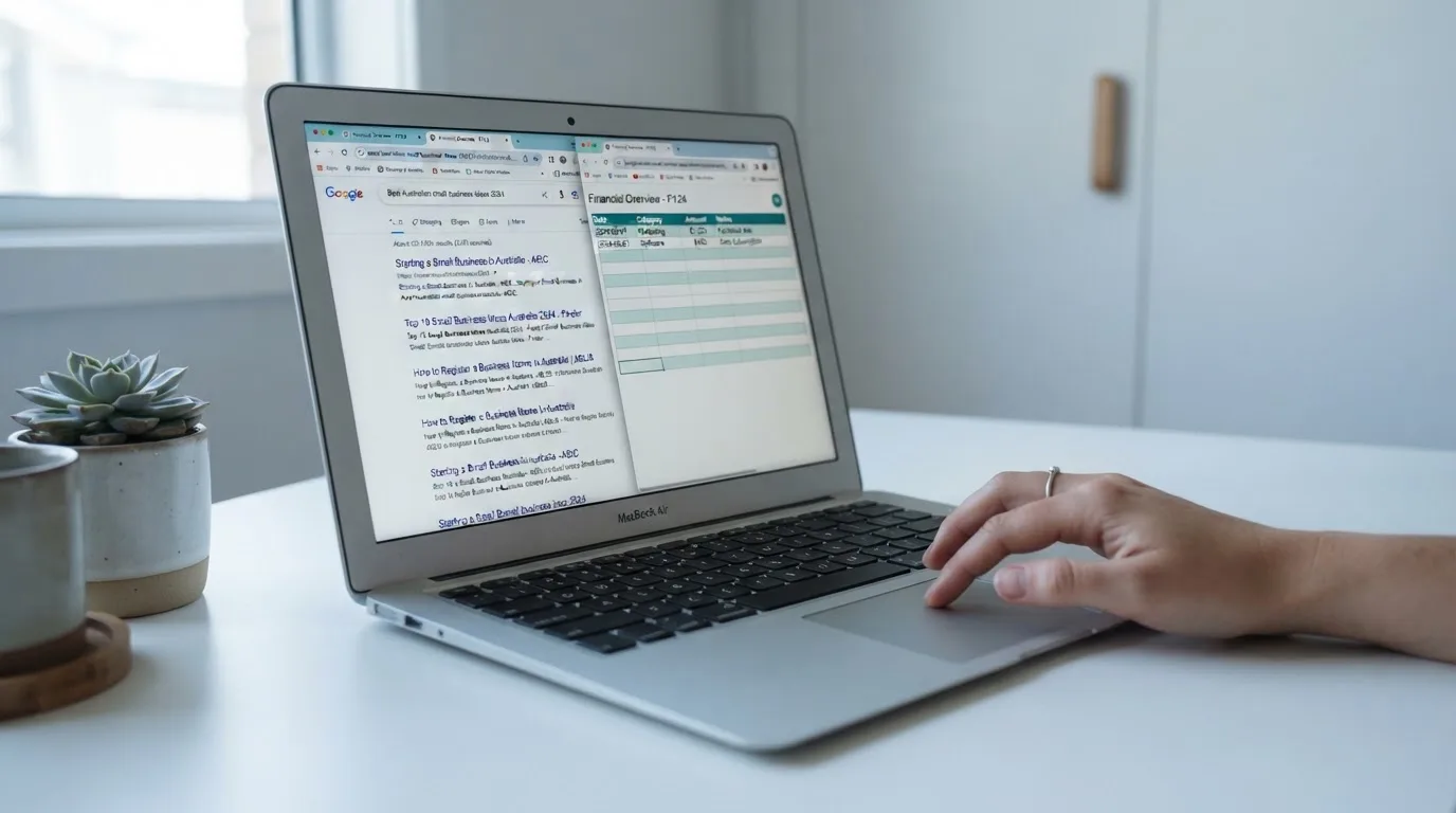 A laptop screen split between two browser tabs, one showing a comparison table and the other a search results page.