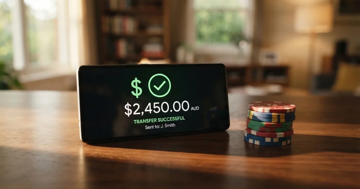 A phone displaying a bank transfer confirmation screen next to a stack of Australian dollar notes.