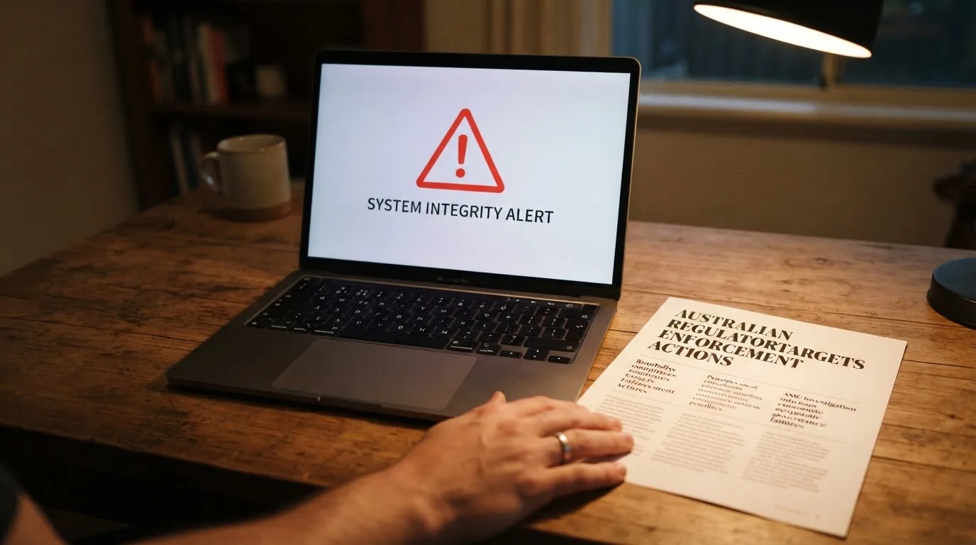 A printed government warning notice on a desk beside a laptop with a red alert icon on the screen.