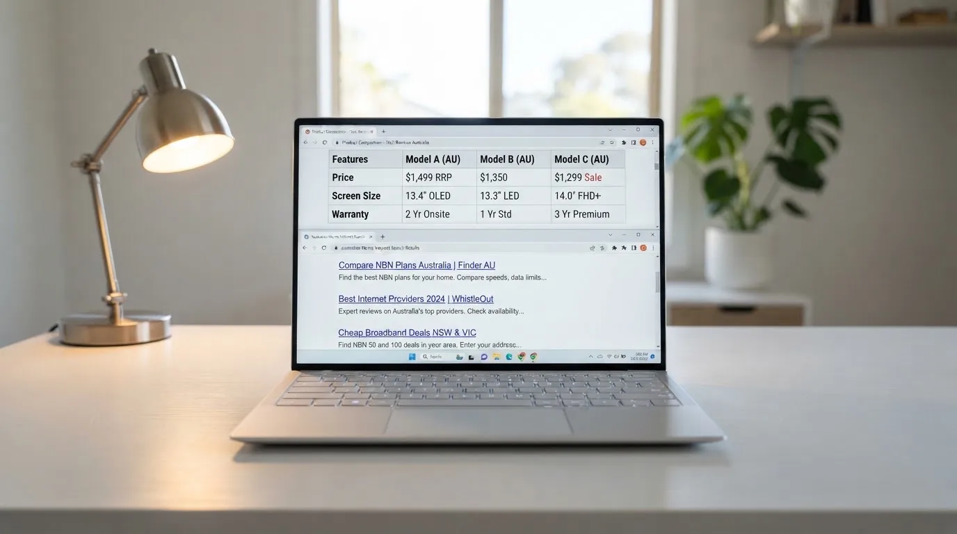 A laptop screen split between two browser tabs, one showing a comparison table and the other a search results page.
