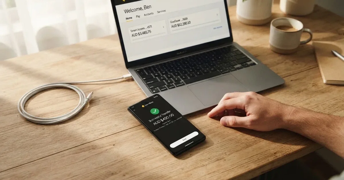 A phone showing a PayID-style bank transfer confirmation next to a laptop.