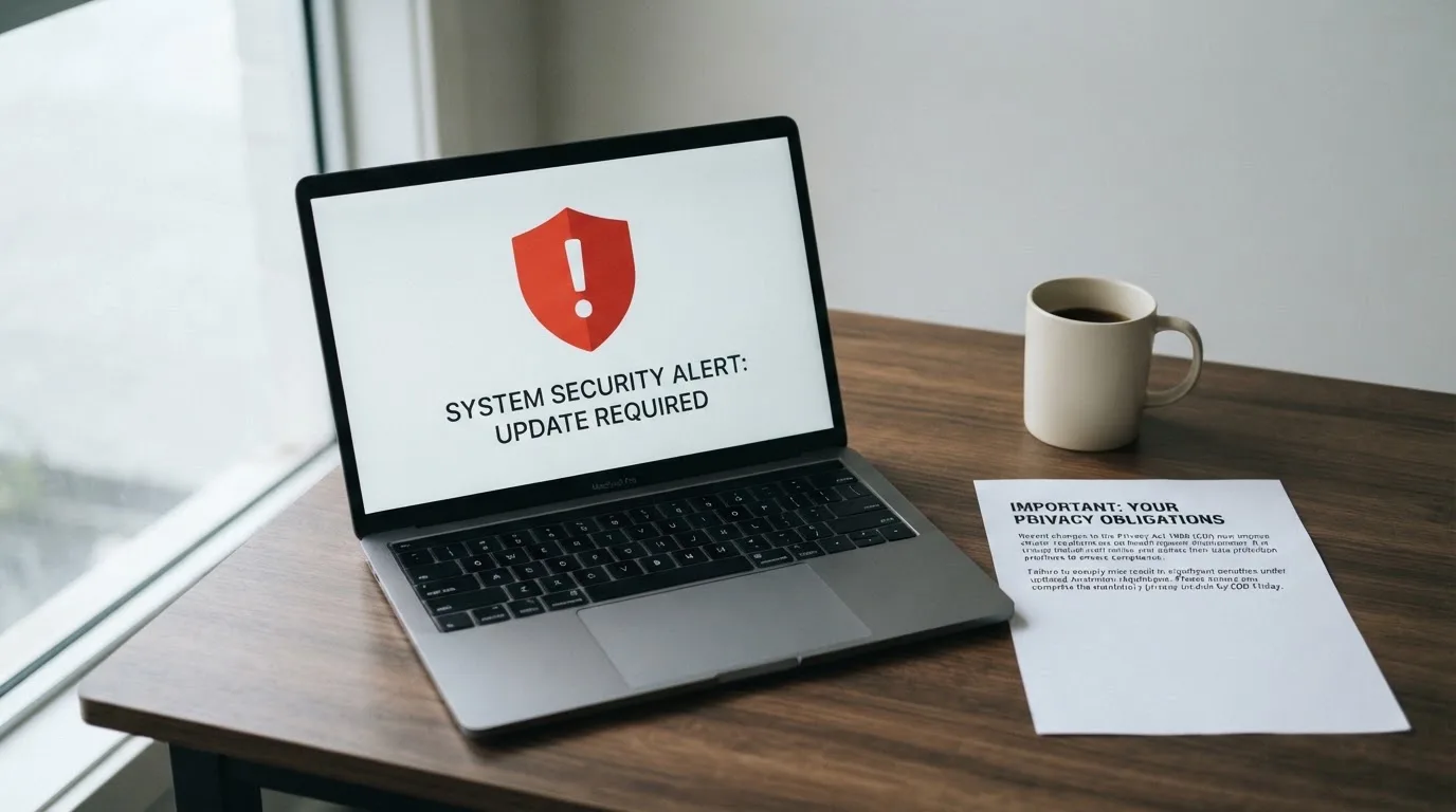 A printed government warning notice on a desk beside a laptop with a red alert icon on the screen.