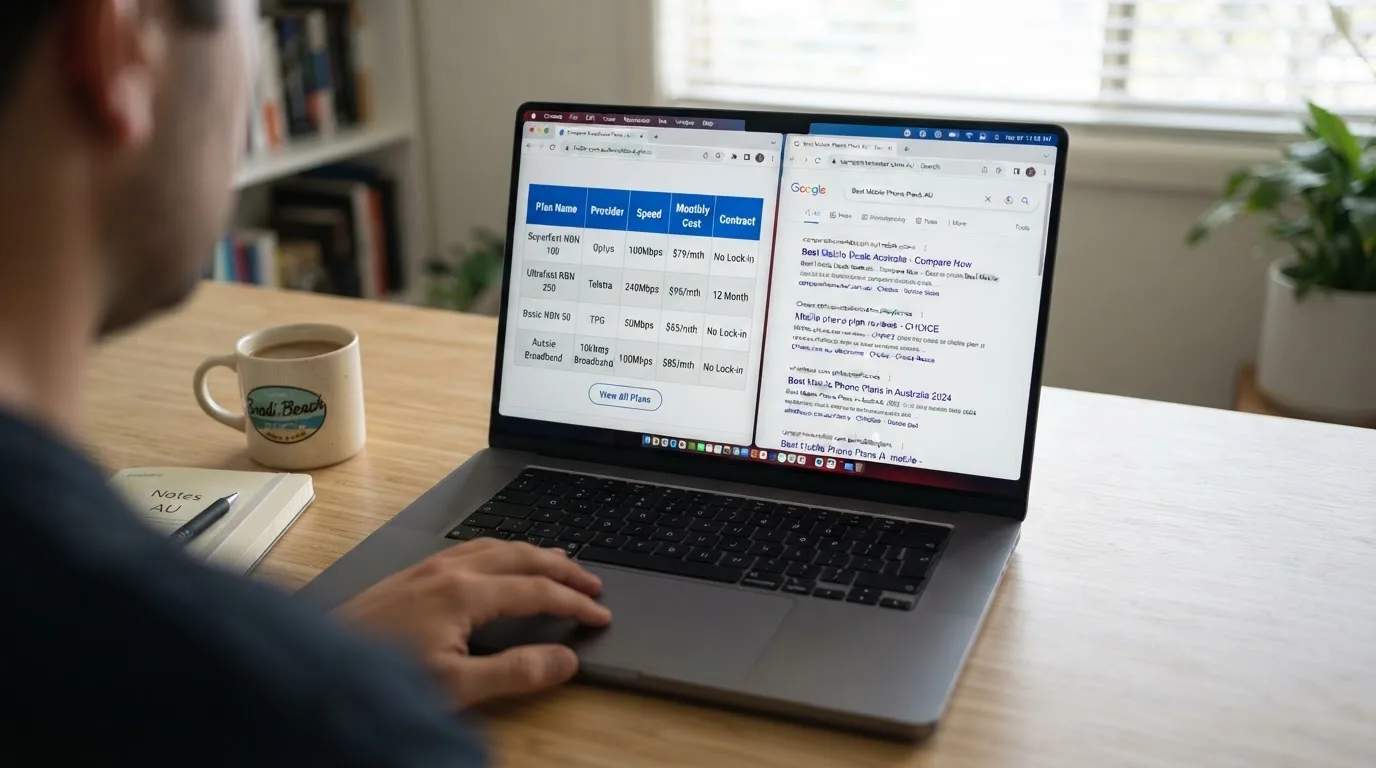 A laptop screen split between two browser tabs, one showing a comparison table and the other a search results page.