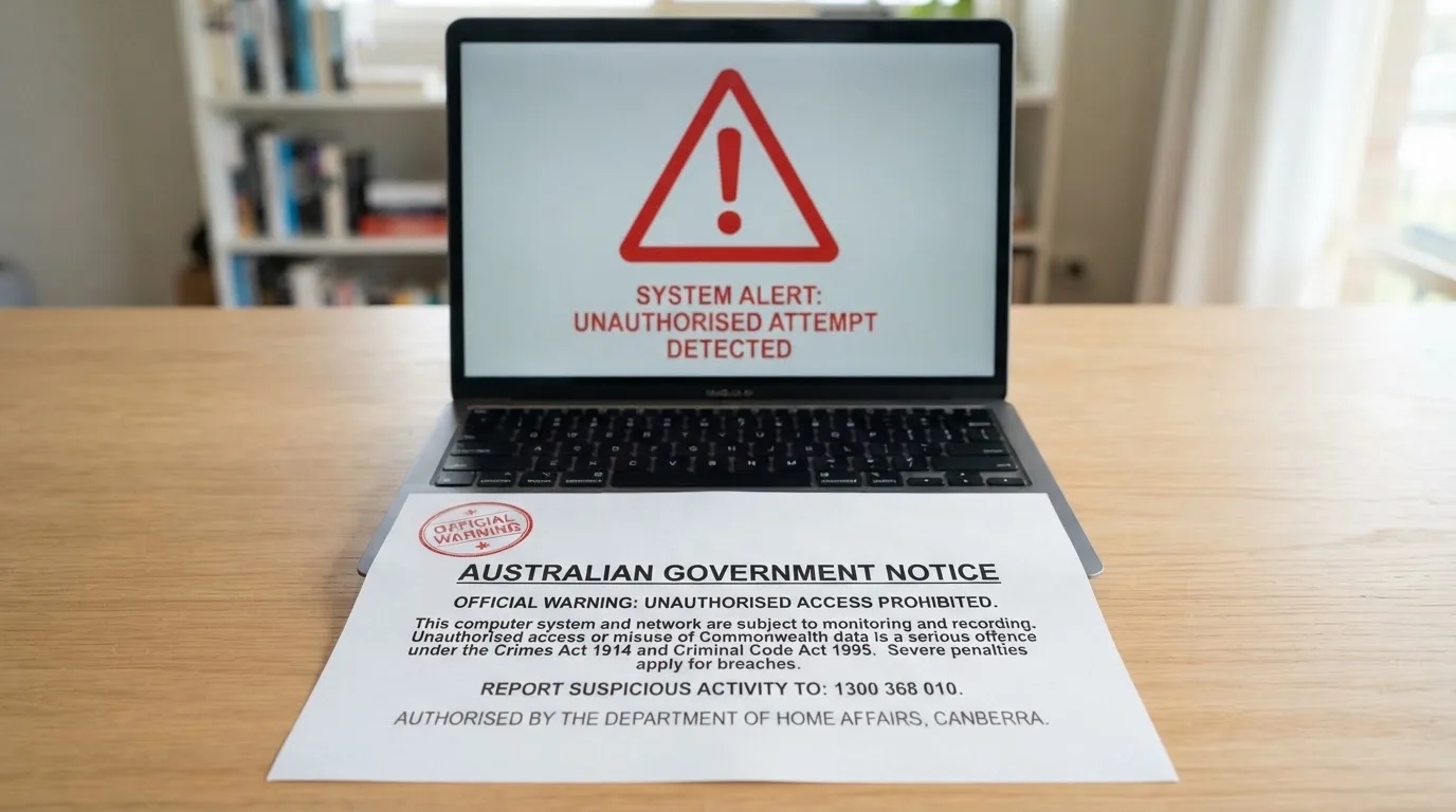 A printed government warning notice on a desk beside a laptop with a red alert icon on the screen.