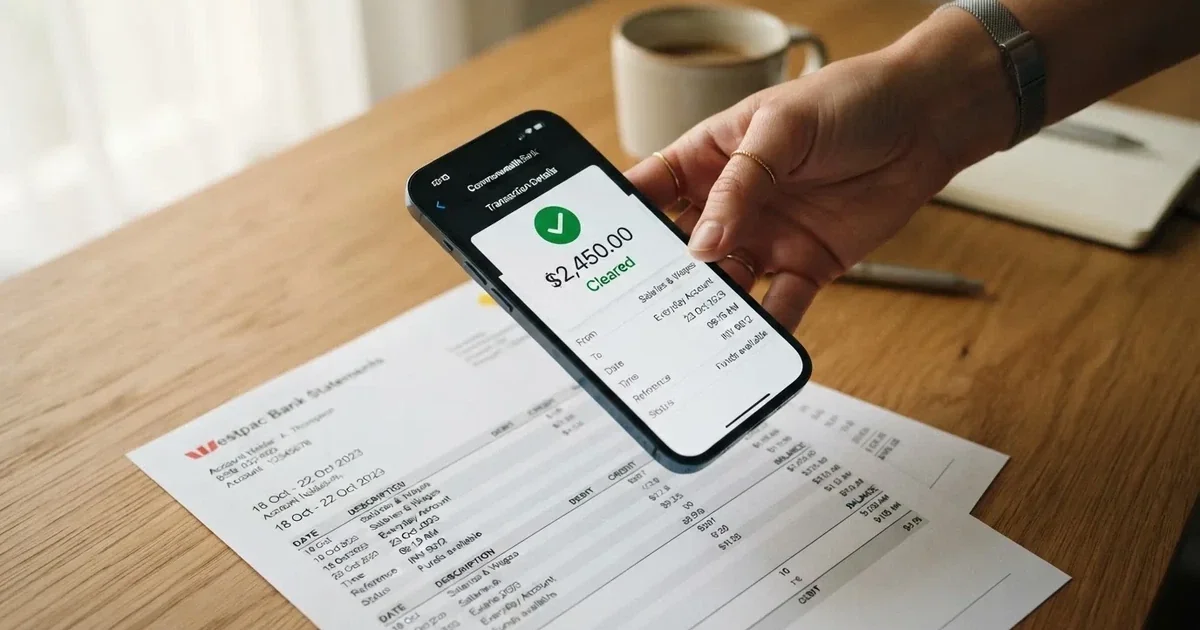 A hand holding a phone showing a cleared balance next to a stack of printed bank statements.