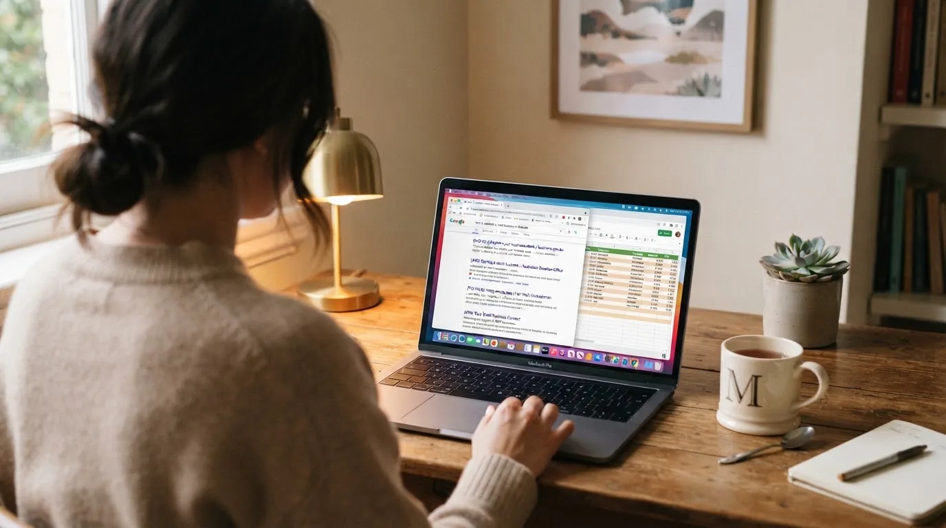 A laptop screen split between two browser tabs, one showing a comparison table and the other a search results page.
