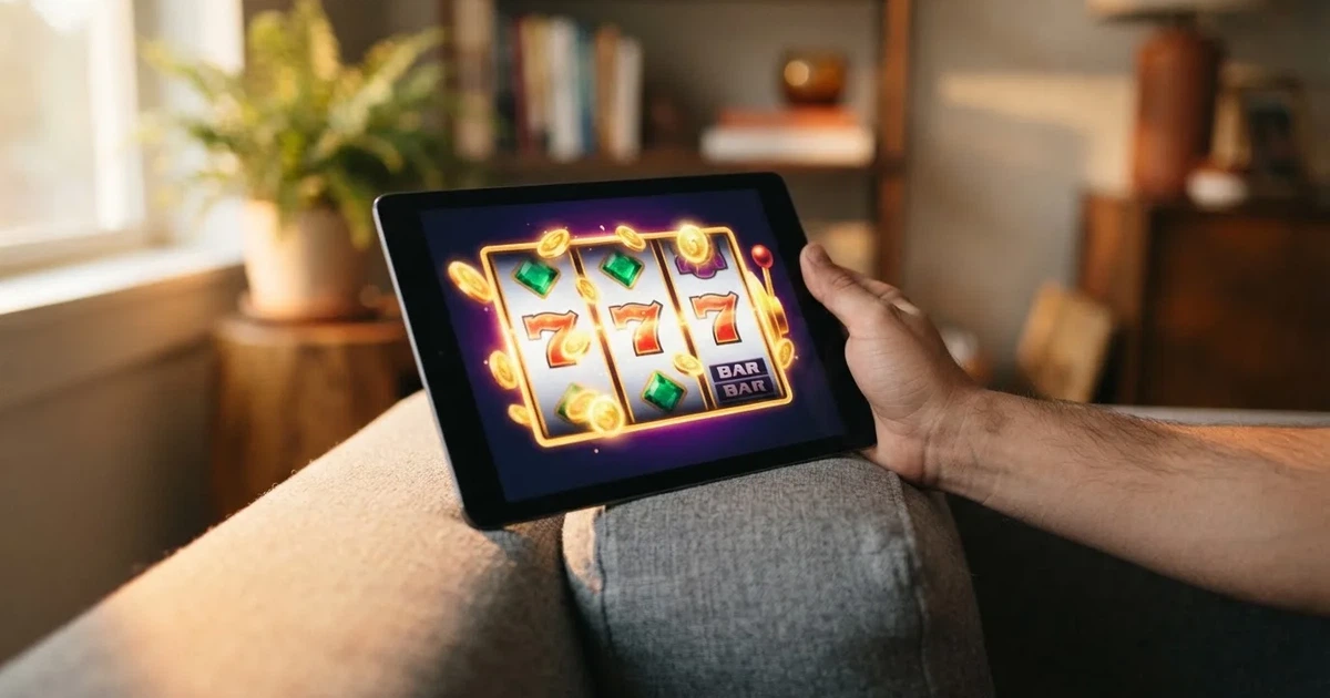 A hand holding a tablet with a touchscreen keypad displayed, resting on a couch armrest.
