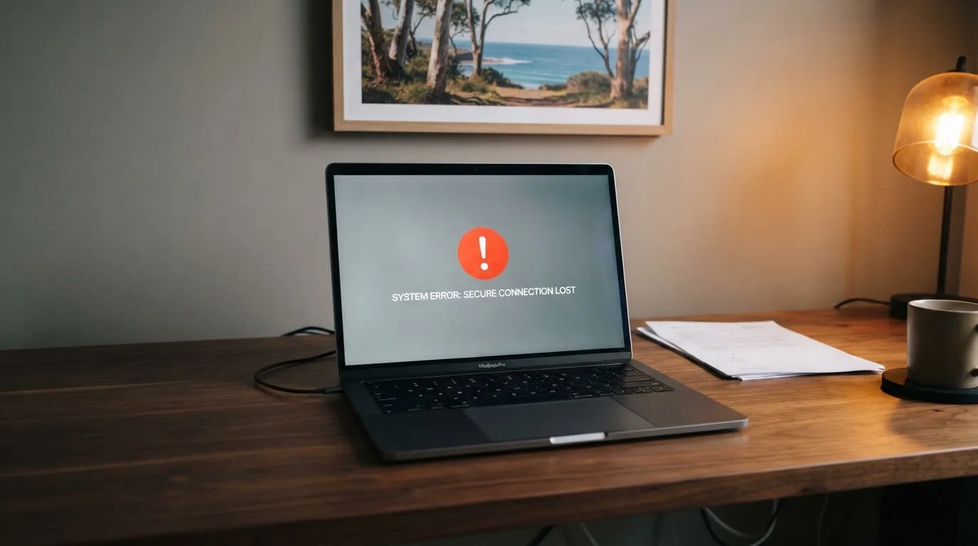 A printed government warning notice on a desk beside a laptop with a red alert icon on the screen.
