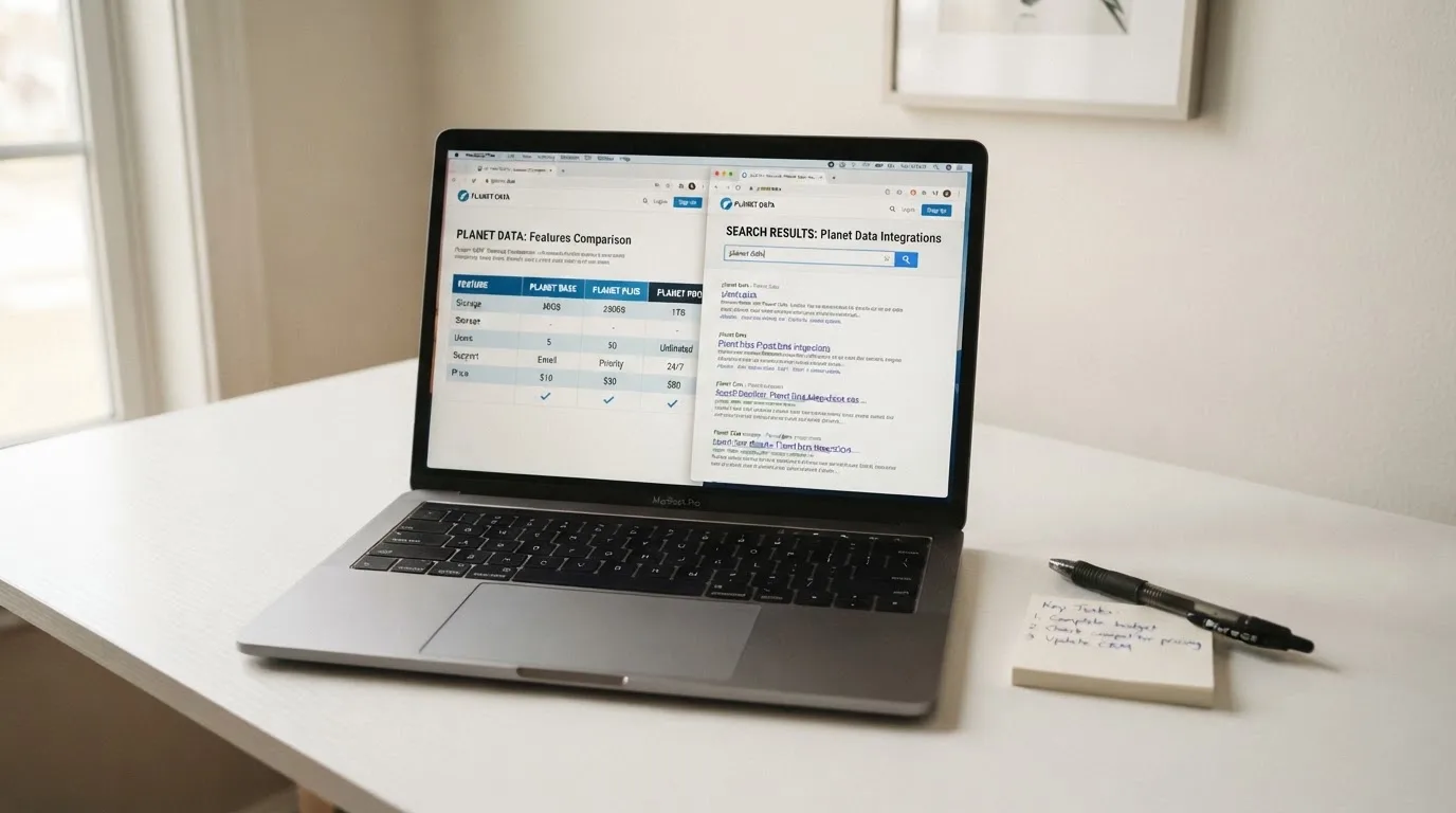 A laptop screen split between two browser tabs, one showing a comparison table and the other a search results page.