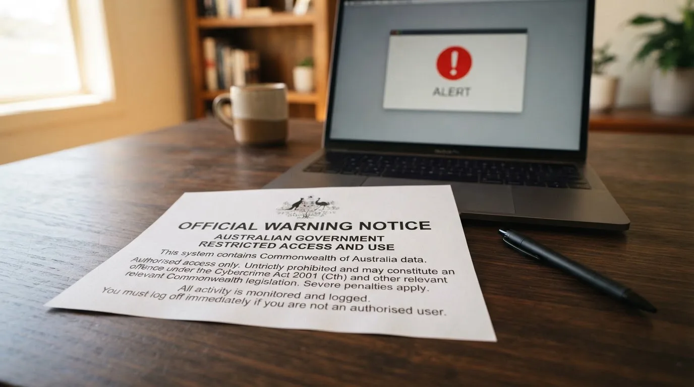 A printed government warning notice on a desk beside a laptop with a red alert icon on the screen.