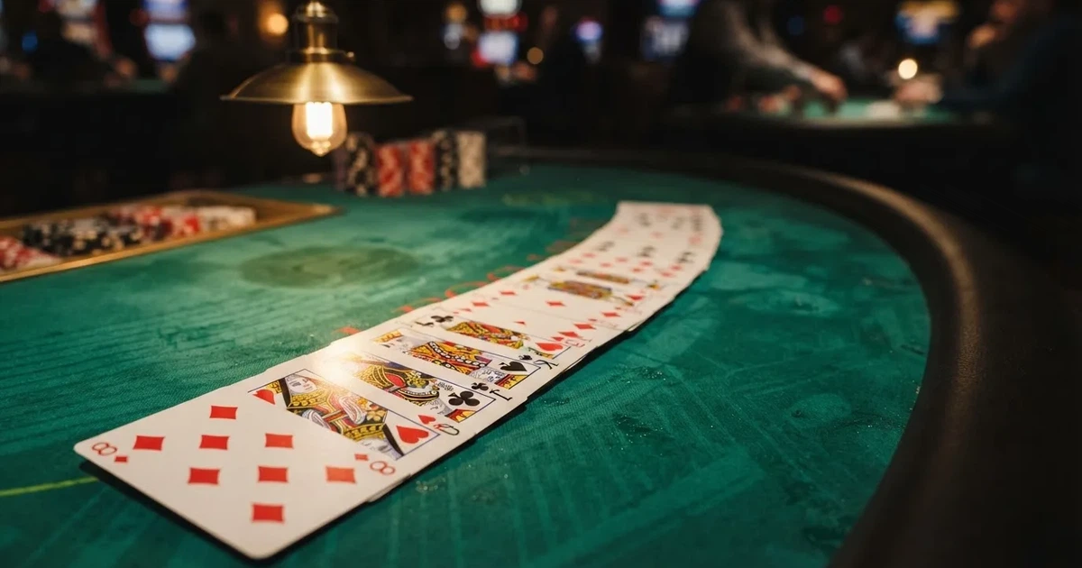A close-up of a shuffled deck of playing cards fanned out on a green felt table.