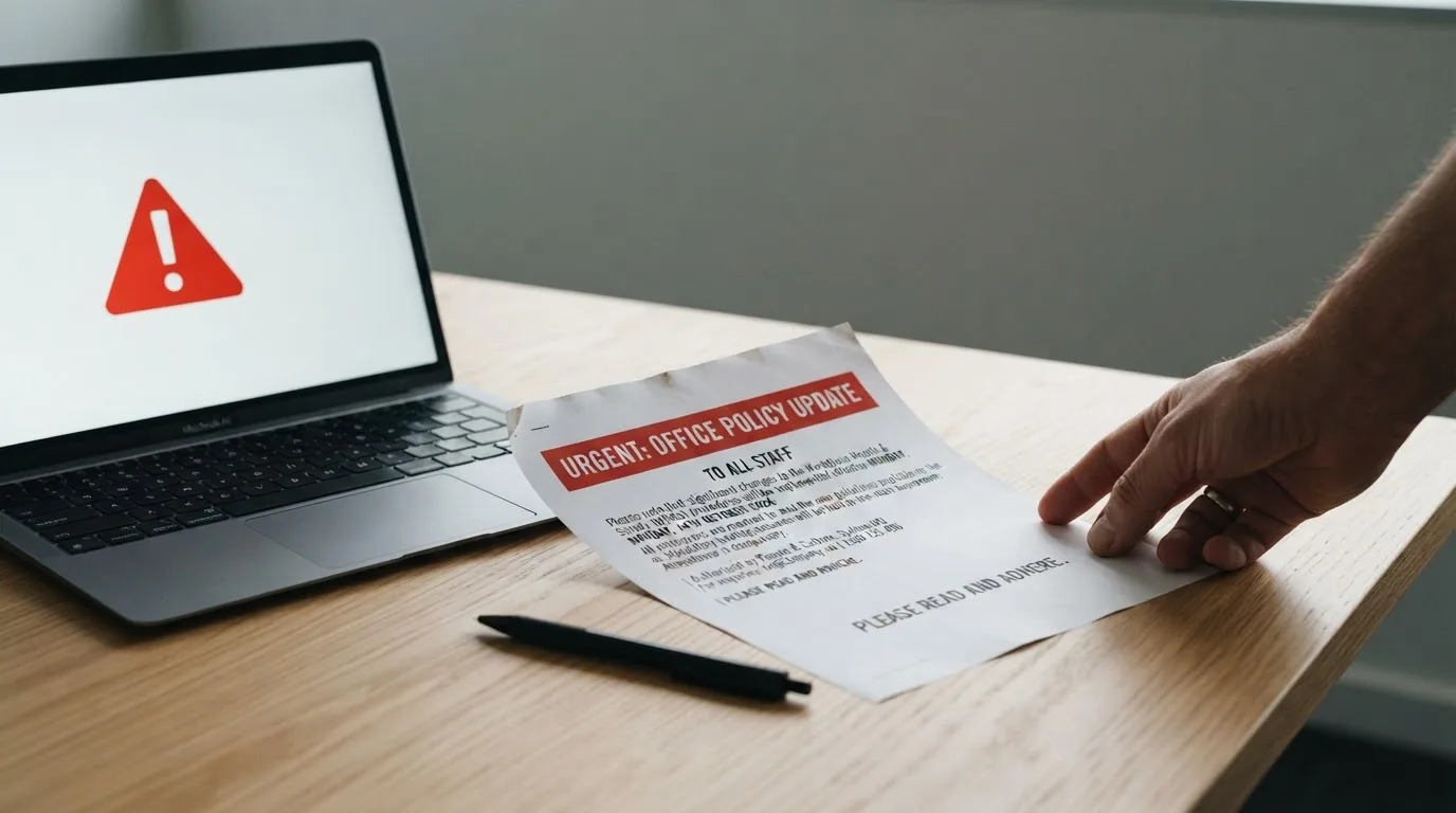 A printed government warning notice on a desk beside a laptop with a red alert icon on the screen.