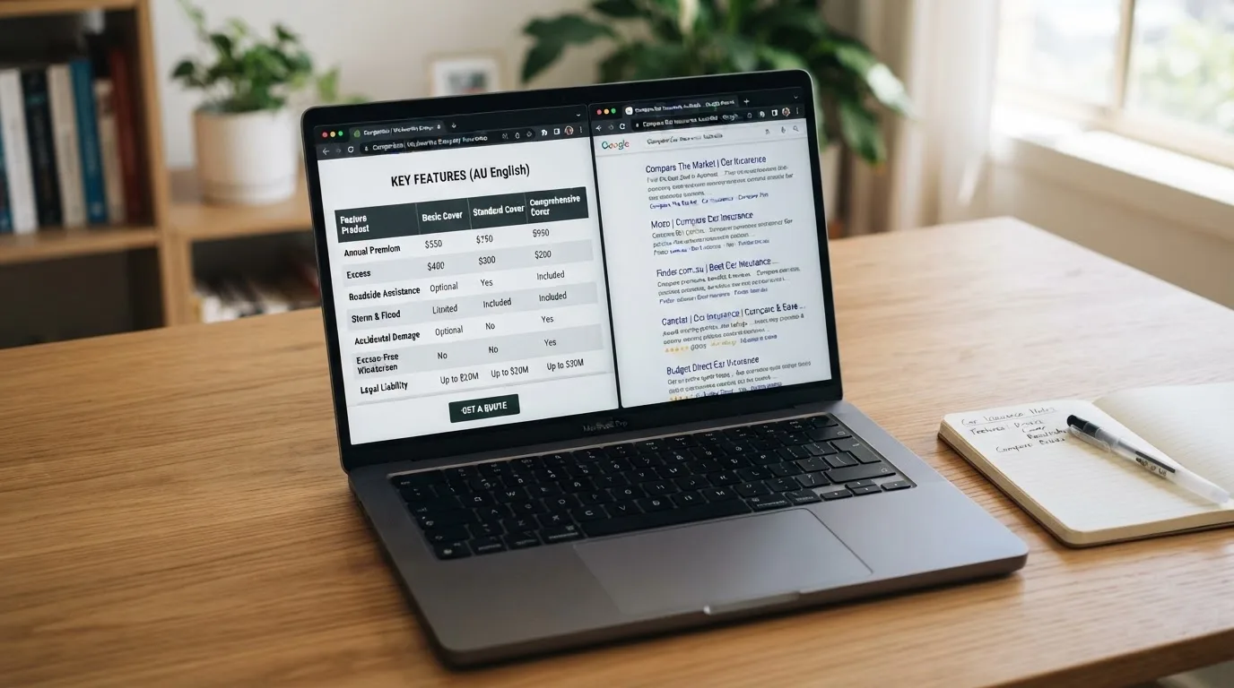 A laptop screen split between two browser tabs, one showing a comparison table and the other a search results page.
