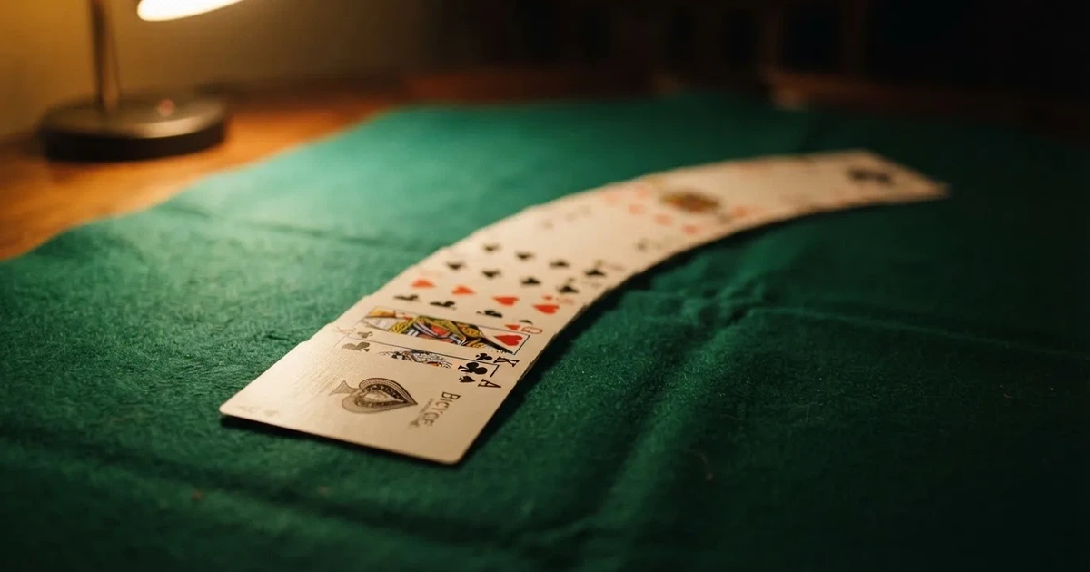 A close-up of a shuffled deck of playing cards fanned out on a green felt table.