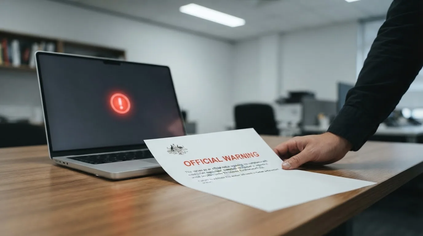 A printed government warning notice on a desk beside a laptop with a red alert icon on the screen.