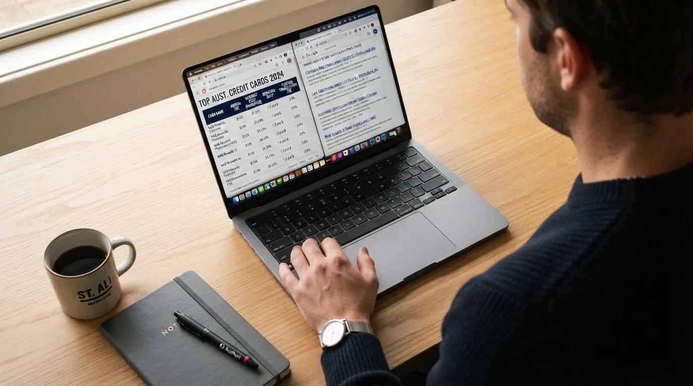 A laptop screen split between two browser tabs, one showing a comparison table and the other a search results page.