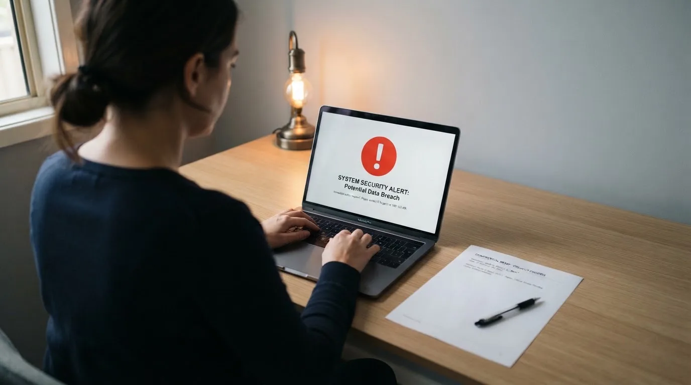 A printed government warning notice on a desk beside a laptop with a red alert icon on the screen.