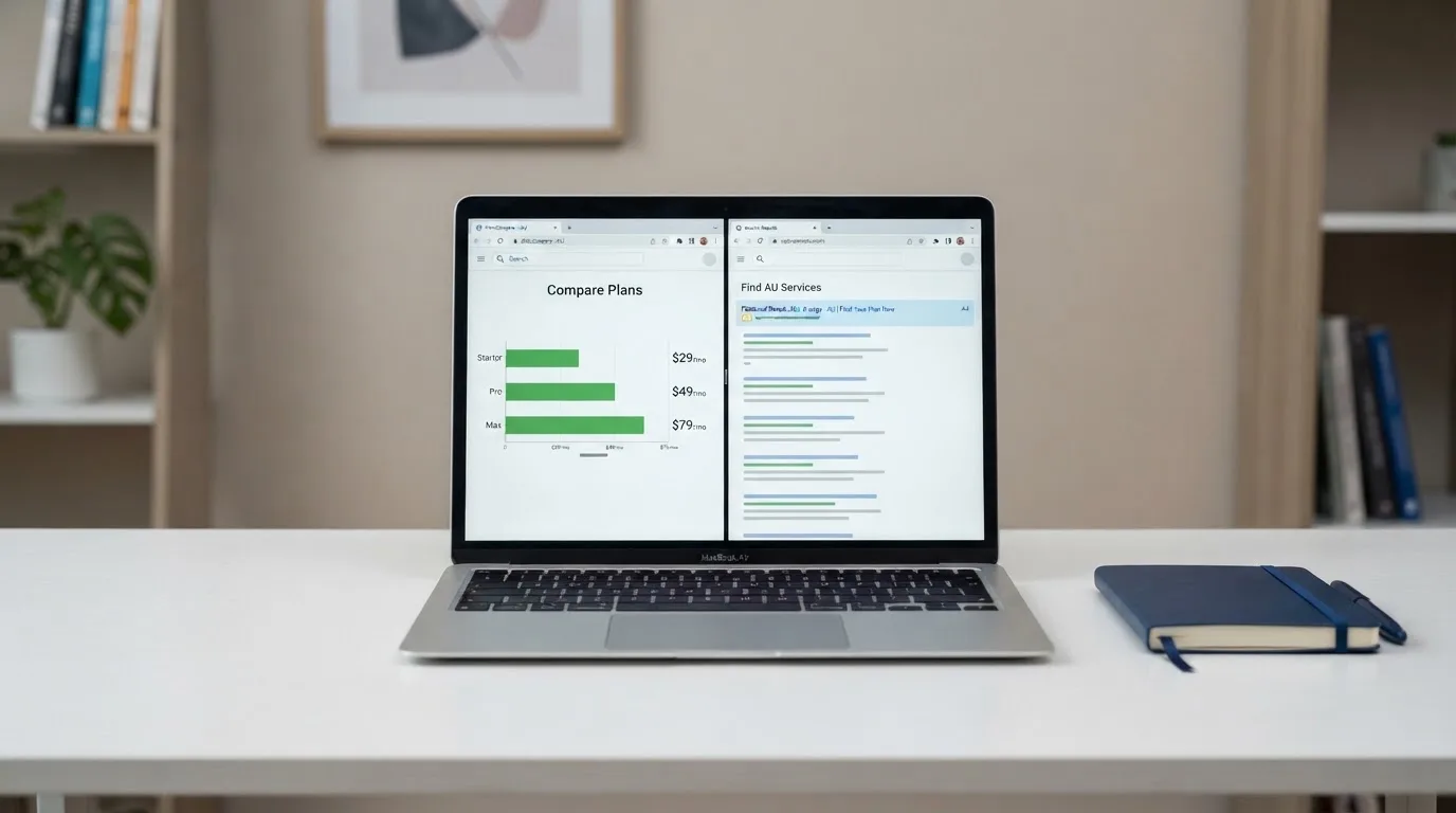 A laptop screen split between two browser tabs, one showing a comparison table and the other a search results page.