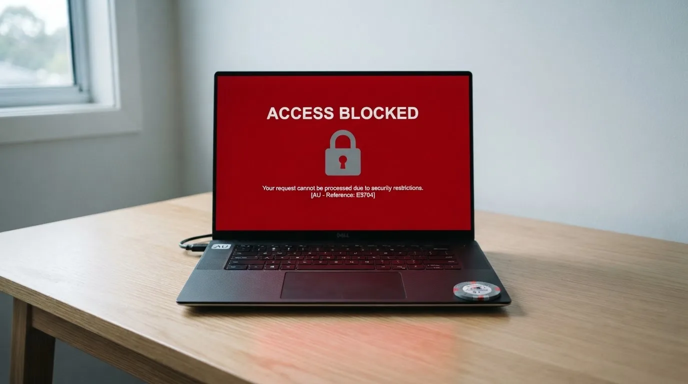 A printed government warning notice on a desk beside a laptop with a red alert icon on the screen.