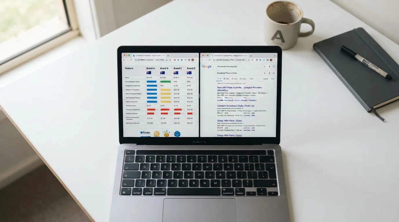 A laptop screen split between two browser tabs, one showing a comparison table and the other a search results page.