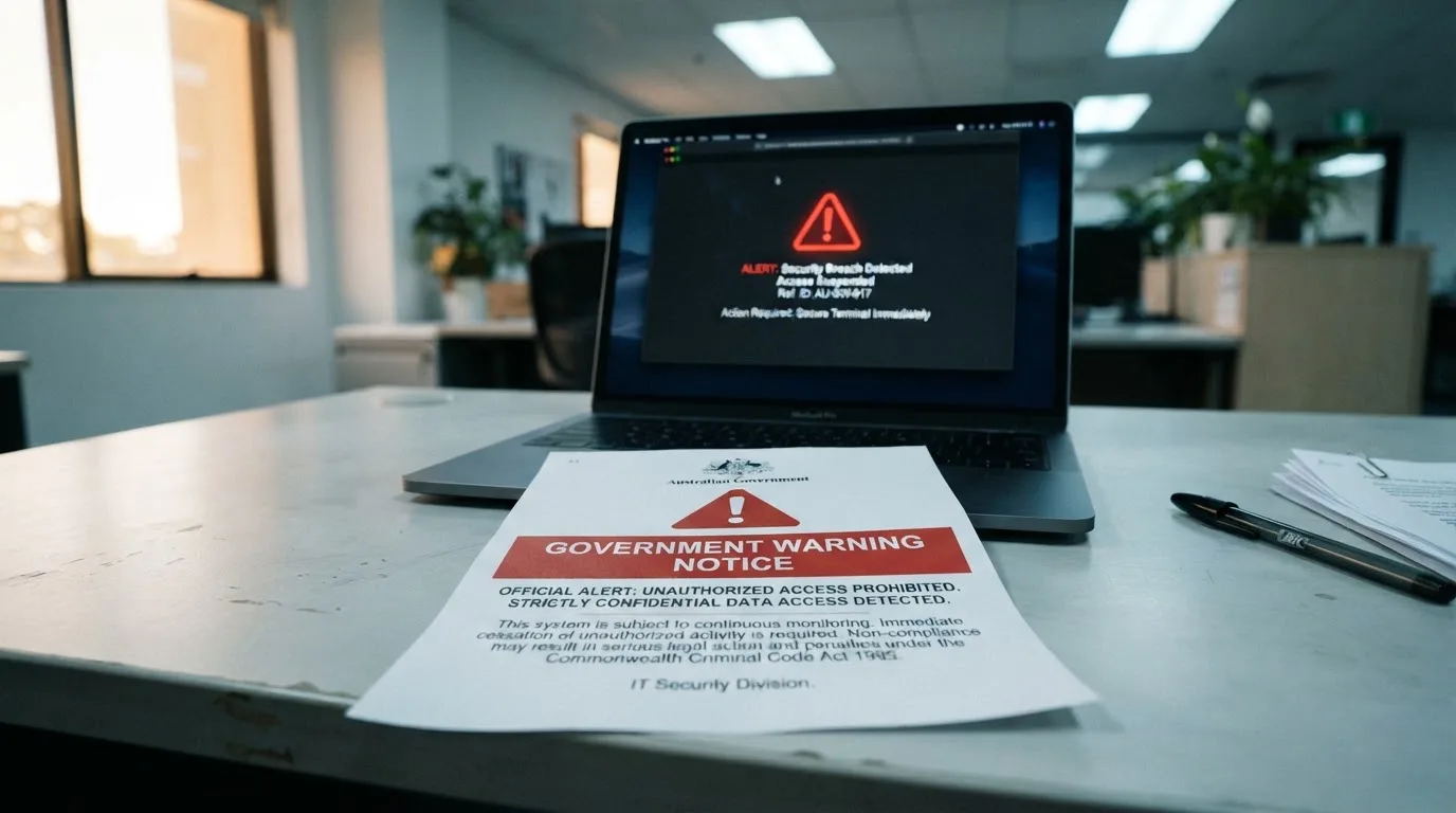 A printed government warning notice on a desk beside a laptop with a red alert icon on the screen.