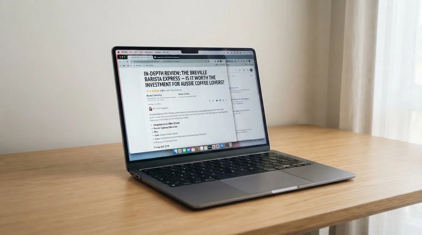 A laptop screen split between two browser tabs, one showing a comparison table and the other a search results page.