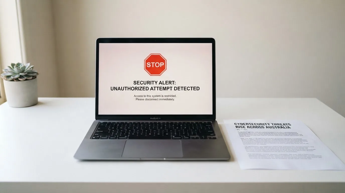 A printed government warning notice on a desk beside a laptop with a red alert icon on the screen.