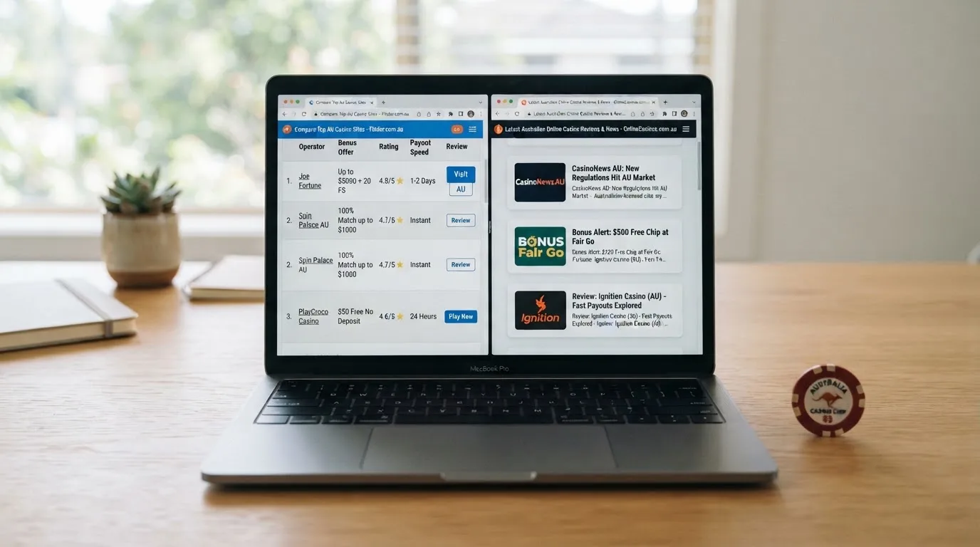 A laptop screen split between two browser tabs, one showing a comparison table and the other a search results page.