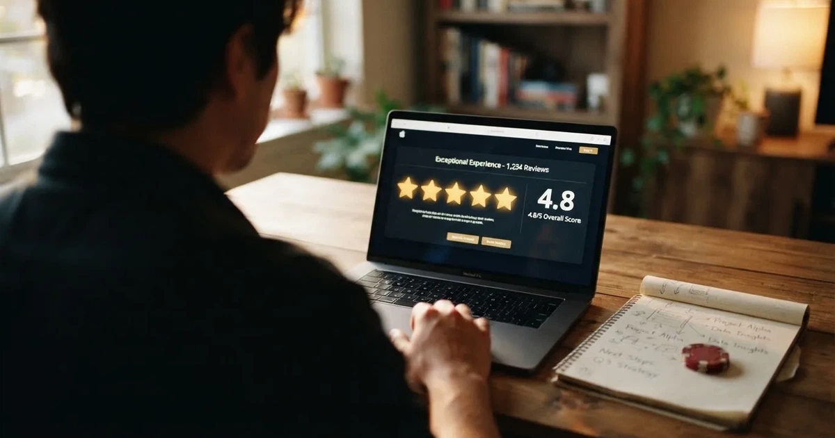 A five-star rating graphic displayed on a laptop screen next to a notepad.