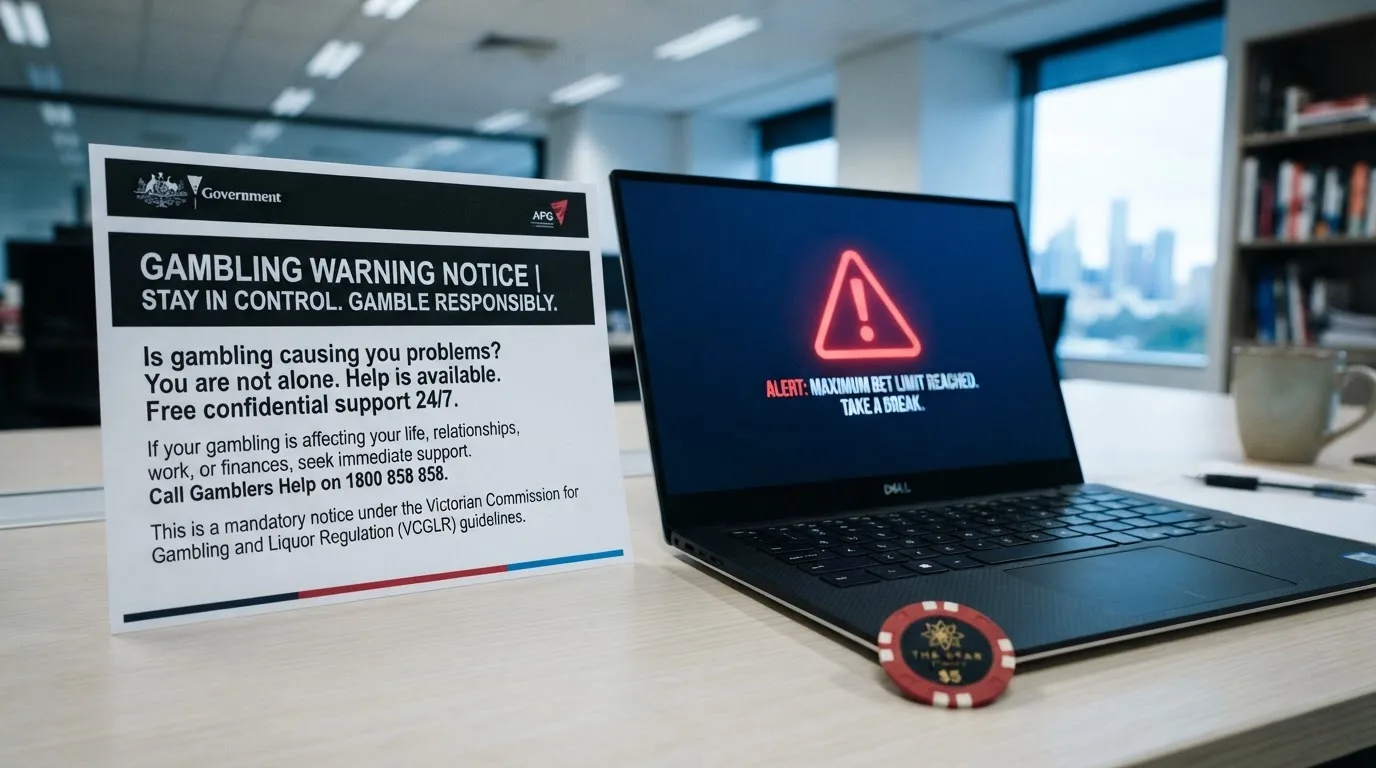 A printed government warning notice on a desk beside a laptop with a red alert icon on the screen.