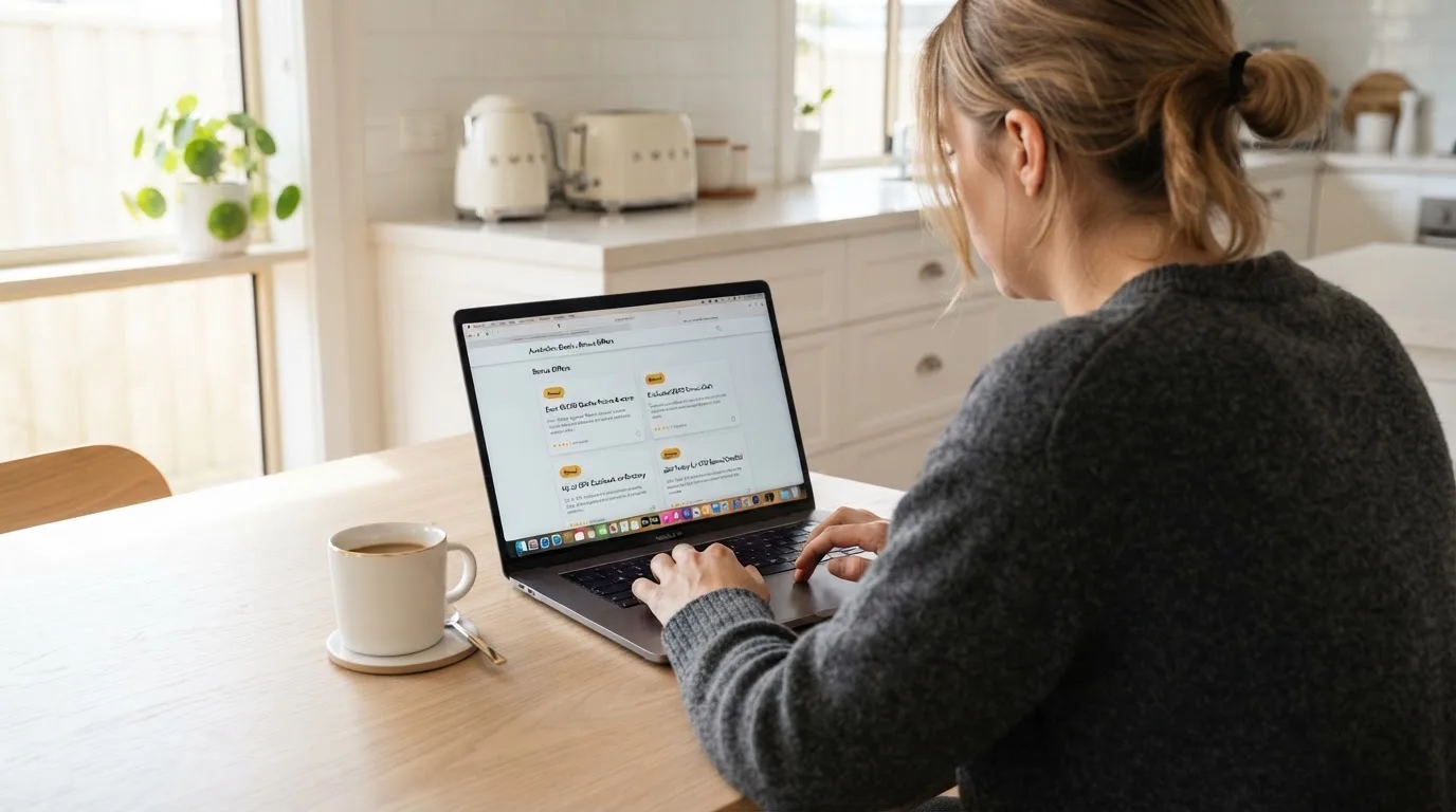 A person sits at a kitchen table, scrolling a laptop showing a general search results page about casino bonus offers.