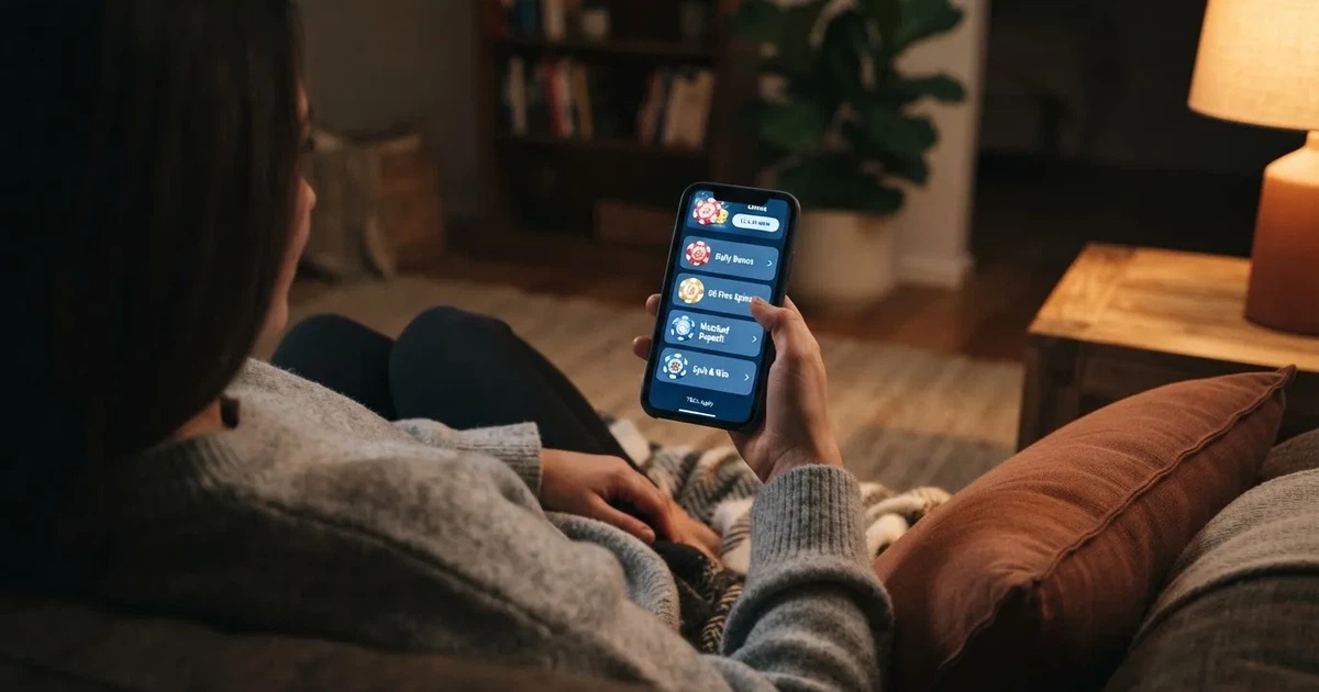 A phone screen shows a list of promotional bonus tiles as someone scrolls with one thumb on a couch in the evening.