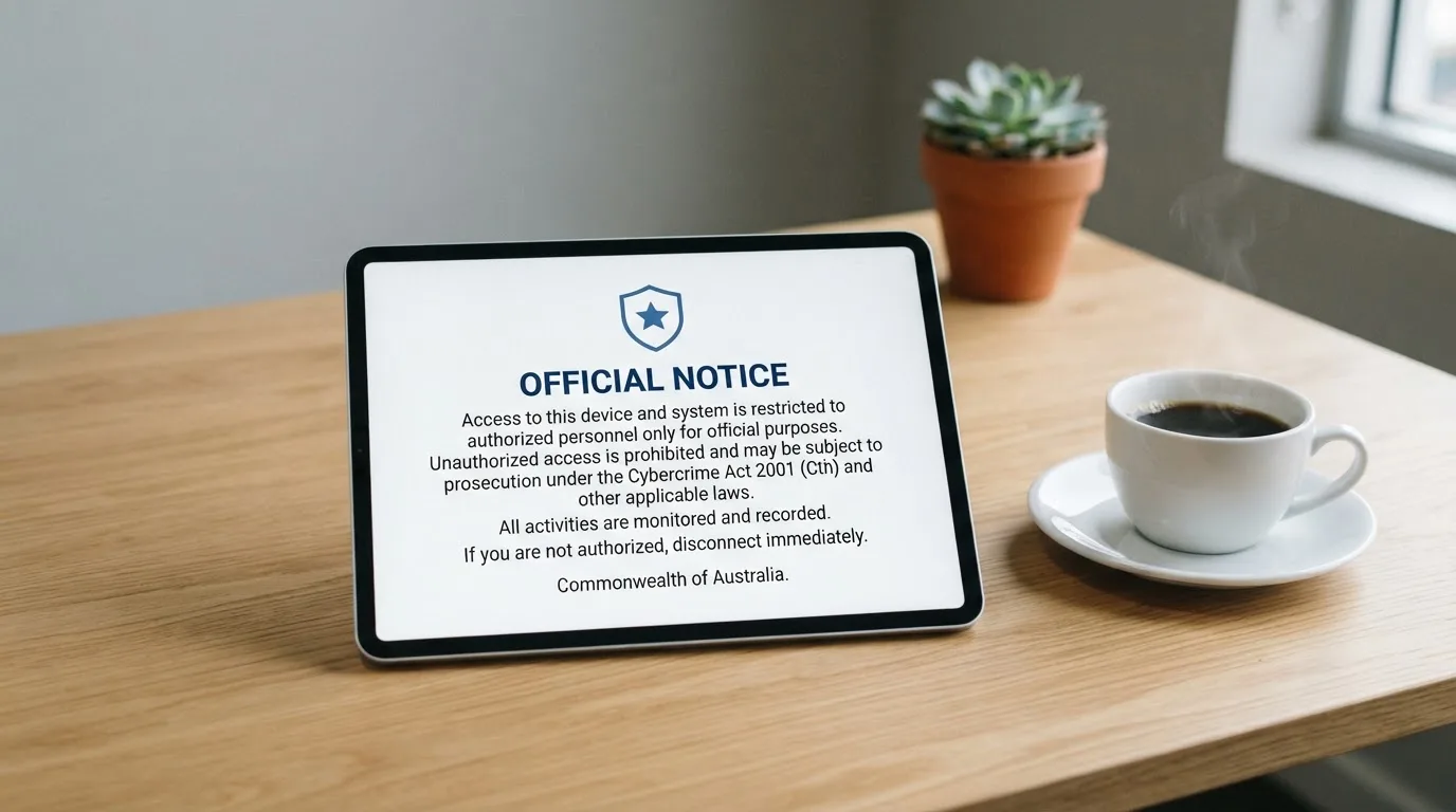 A tablet on a desk displays a plain government-style warning notice page, with a coffee cup beside it.