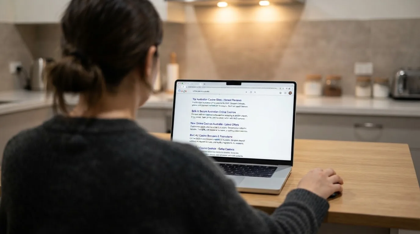 A person sits at a kitchen table, scrolling a laptop showing a general search results page about new casino sites.