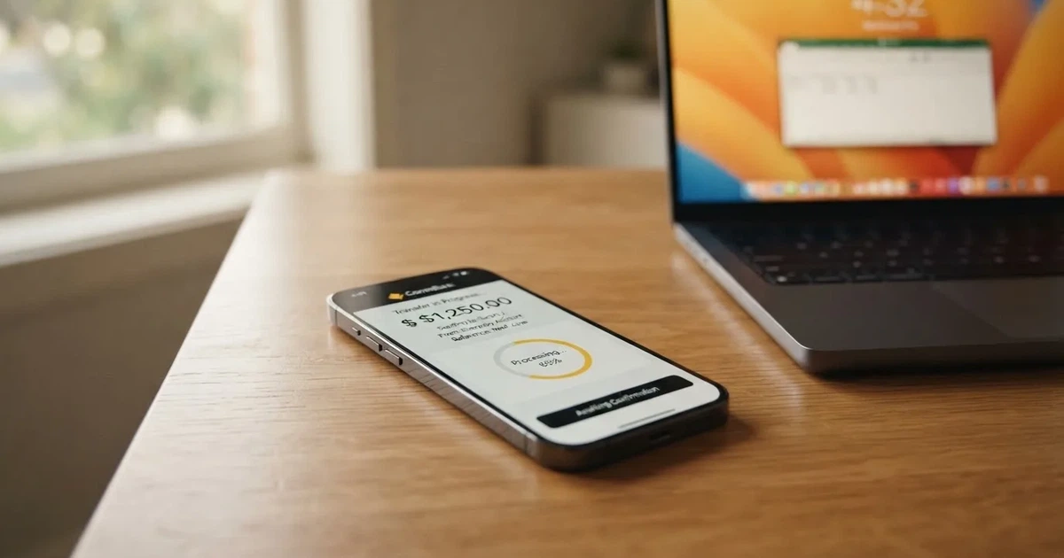 Close-up of a smartphone banking app open beside a laptop on a home desk, mid-transfer.