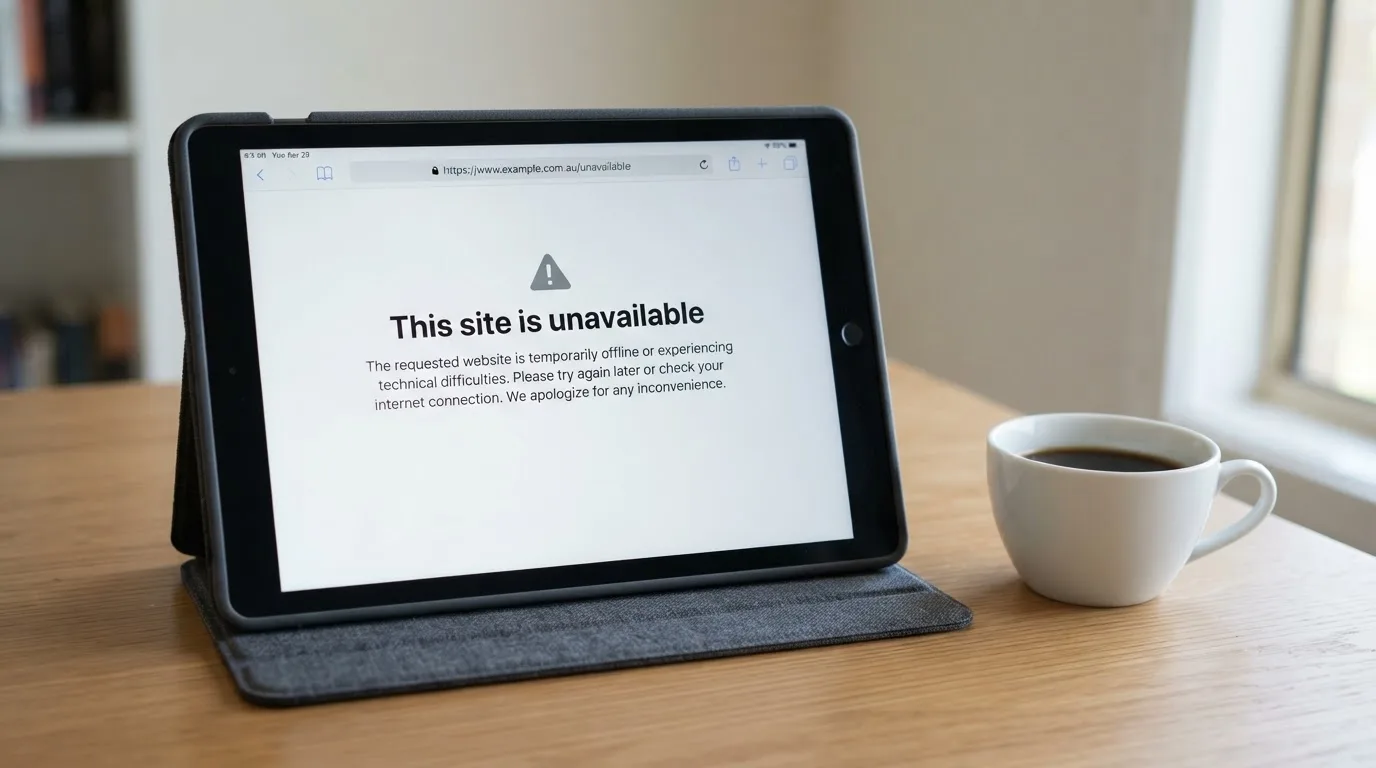 A tablet on a desk displays a plain government-style warning notice page, with a coffee cup beside it.
