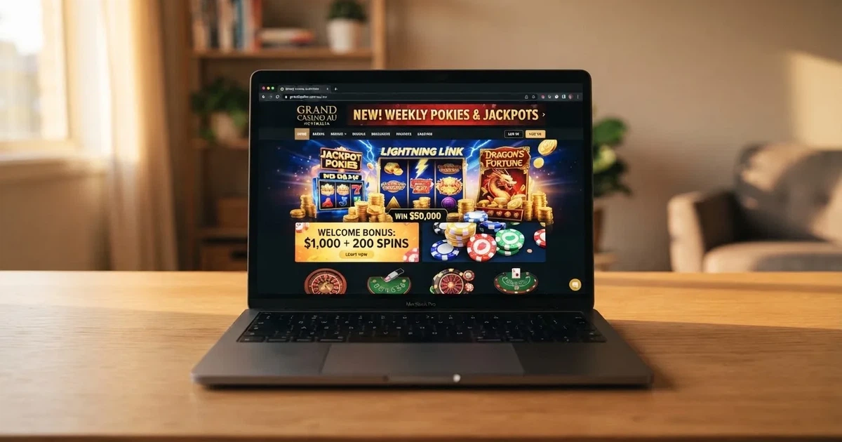 A laptop screen shows a freshly loading website homepage with a 'new' banner, on a plain desk.