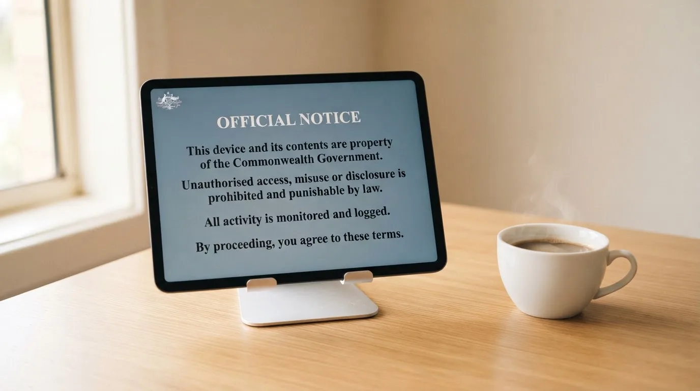 A tablet on a desk displays a plain government-style warning notice page, with a coffee cup beside it.