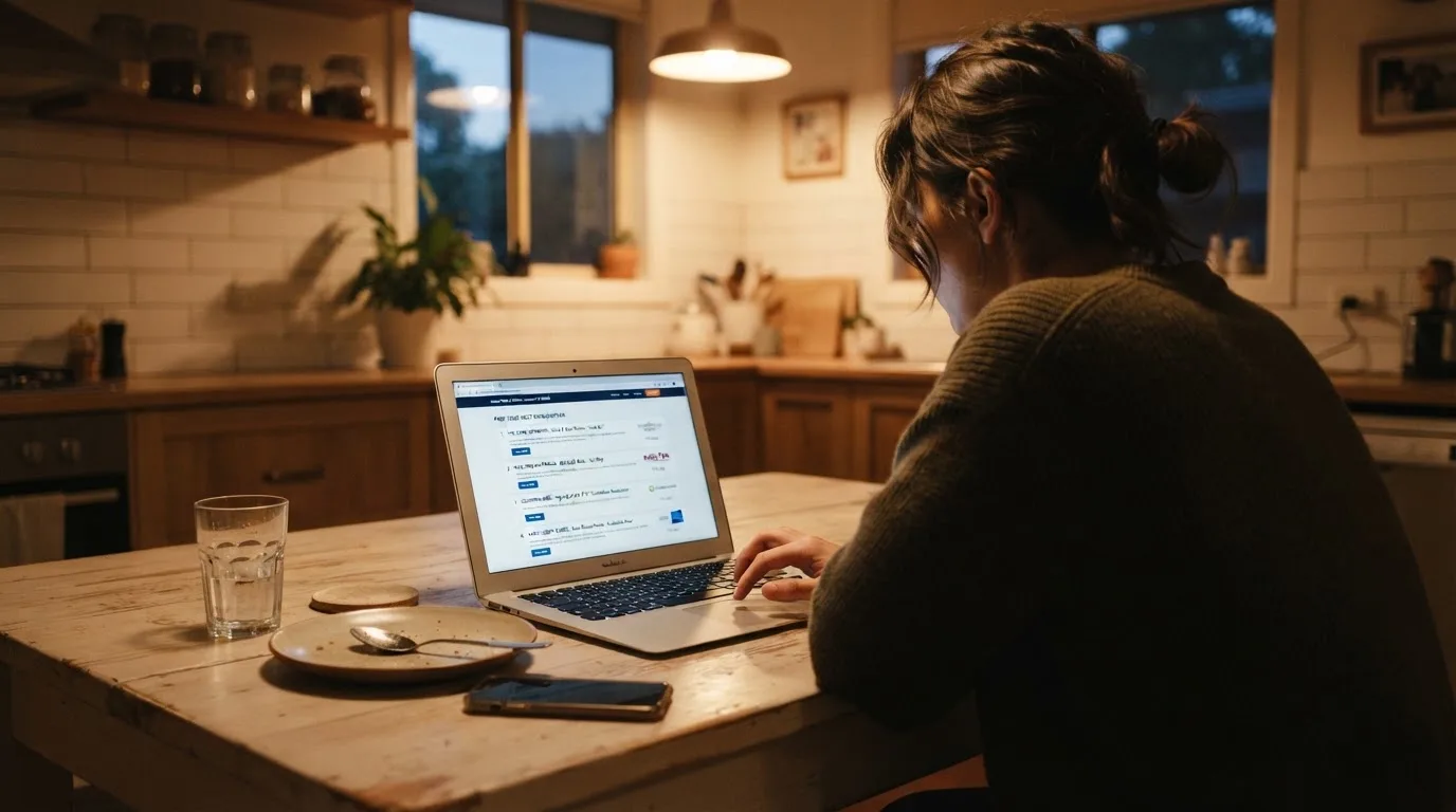 A person sits at a kitchen table in the evening, scrolling a laptop showing a general search results page about bonus offers.
